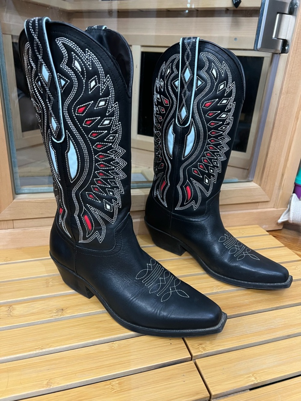 Steve Madden Black Leather Western Heeled Boots with Red & Light Blue Insets